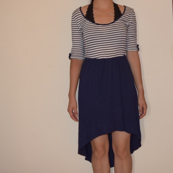 Navy Blue Dress with White Top and Stripes - Picture 2 of 4